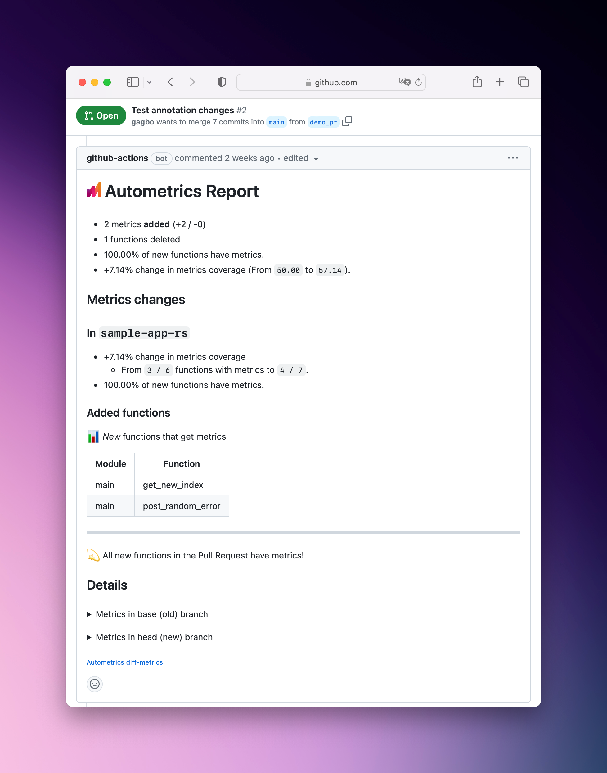 An example generated report on Github