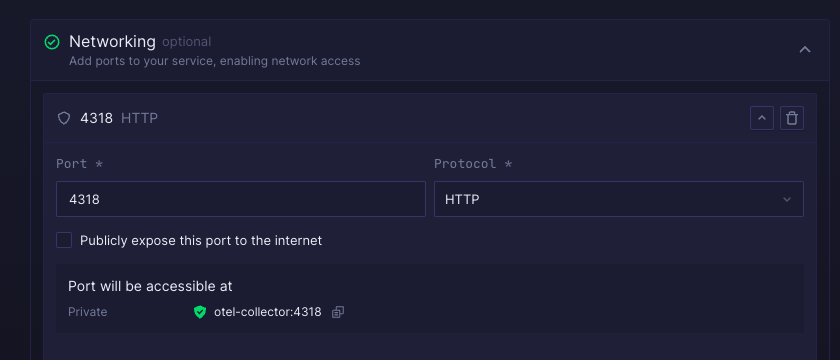 Northflank Network Settings for Otel Collector